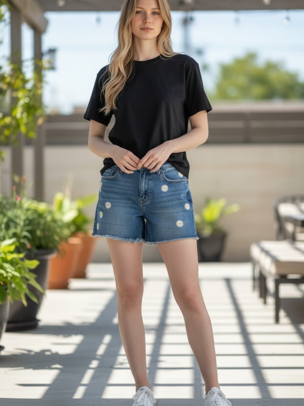 Judy Blue Mid-Blue Denim Shorts with Daisy Embroidered Detail Size Large